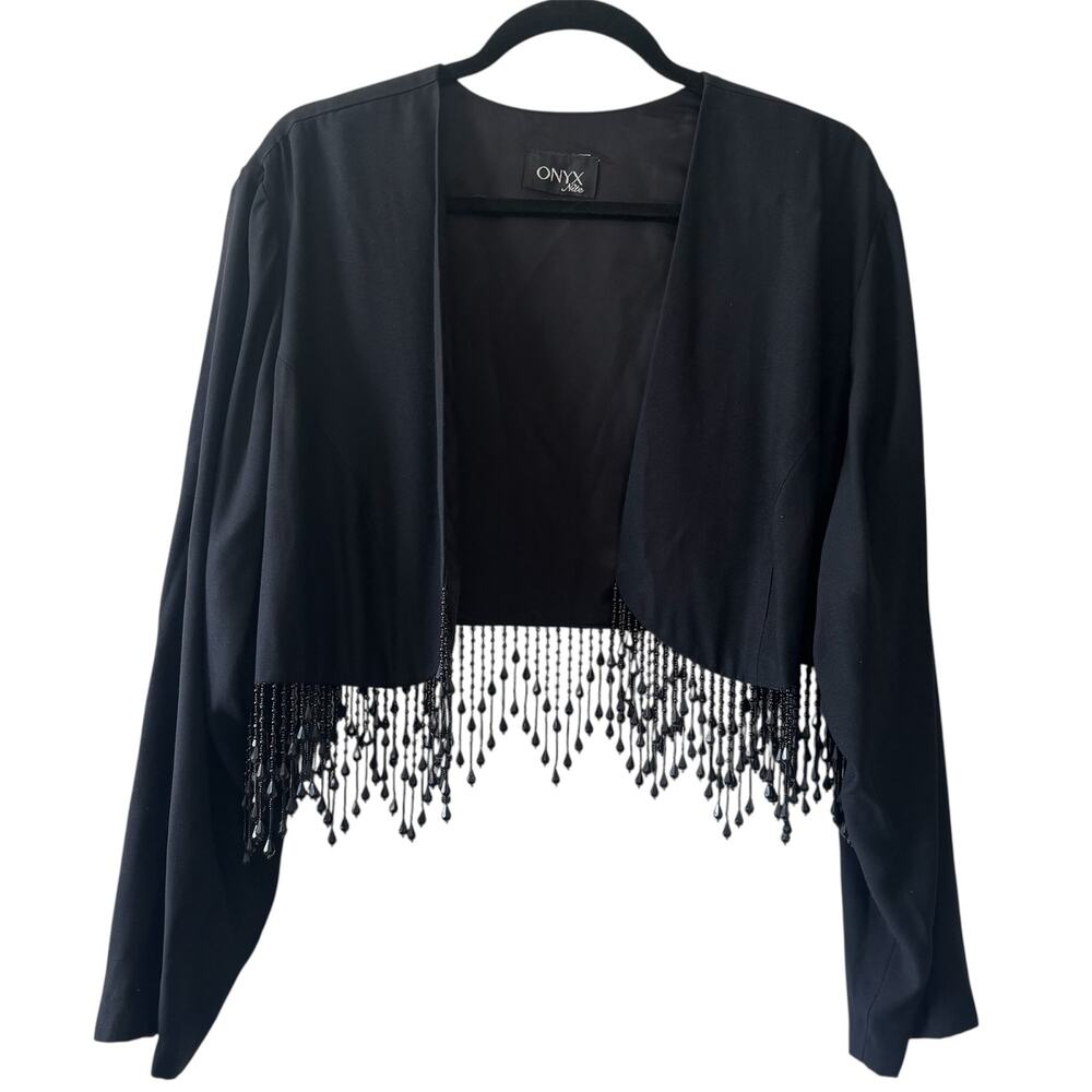 Onyx Nite Black Bolero Open Front Jacket Women’s Large Beaded Fringe Cocktail